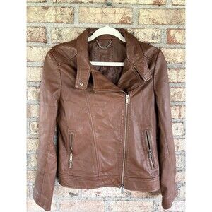 Women’s Leather Biker Jacket Size Medium Camel Brown Sacoor Brothers NWOT